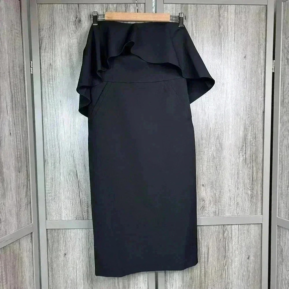 Chelsea 28 Dress Sz 6 Strapless Ruffle Neckline Crepe Peplum Sheath Black Color - Picture 3 of 10